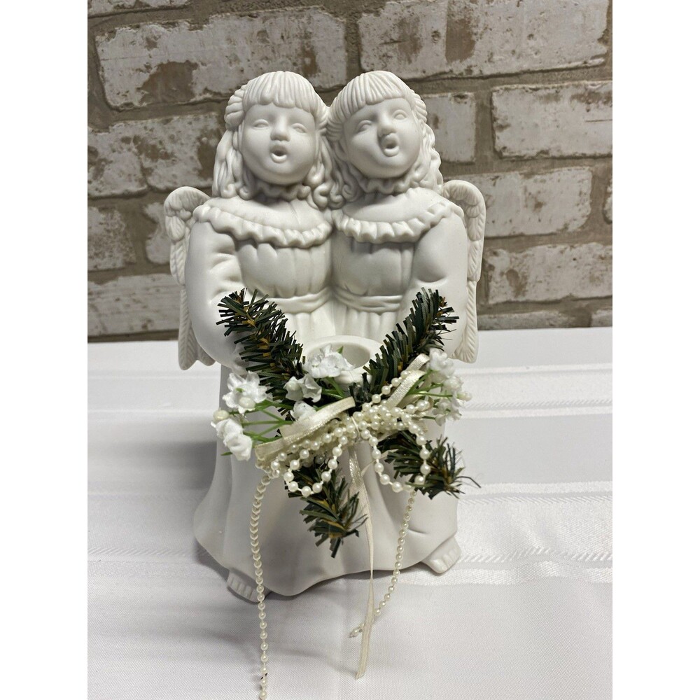 Ceramic Angel Choir Candle Holder White Green Matte 8" 1997 Decor